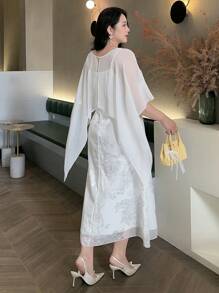 Dazy Plus Vestido longo sem mangas com estampa floral e sobreposição de chiffon transparente, conjunto de verão de 2 peças - Damasco - Ver 2