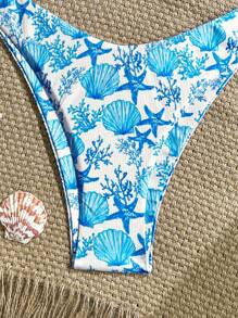 Swim Mod 2 件套夏季假期随机印花罗纹纹理面料金色贝壳装饰吊带胸罩三角比基尼上衣和高开叉泳裤性感泳装套装 - 寶藍色 - 查看 5