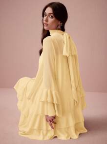 Enchnt Women's Solid Color Layered Stand Collar Elegant Long Sleeve Dress - Yellow - View 2