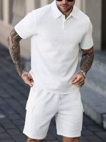 Manfinity Homme Men's Short Sleeve Polo Shirt And Cargo Shorts Set, Fashionable For Summer Men 2 Pieces Set - White - View 1