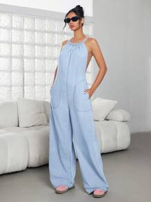 SHEIN ICON 阔腿牛仔连体裤，适合夏天的时尚 - 淺色水洗藍 - 查看 1