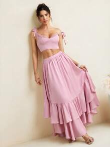 Mathilde Lhomme Pastel Pink Satin High-Waist Layered Ruffle Maxi Skirt Women Elegant Summer Skirt - Pink - View 1