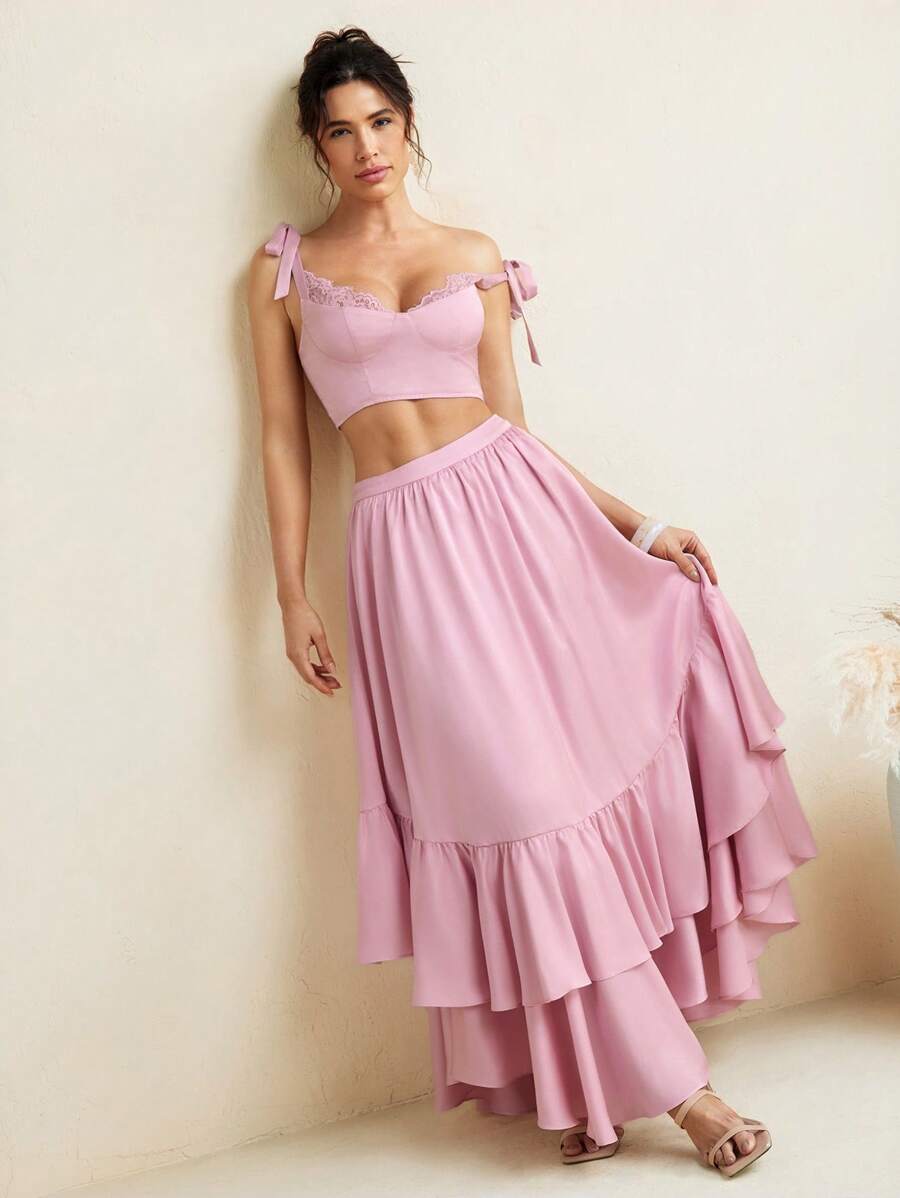 Mathilde Lhomme Pastel Pink Satin High-Waist Layered Ruffle Maxi Skirt Women Elegant Summer Skirt - Pink - View 1