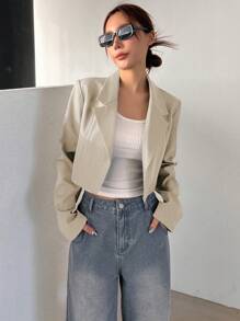 DAZY Áo blazer ngắn tay cổ ve lật màu trơn dành cho nữ, trang phục công sở mùa thu. - Màu be - Xem 3