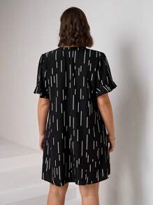 Chikora Plus Geo Print Flounce Sleeve Notched Neckline Dress, Summer - Black - View 2