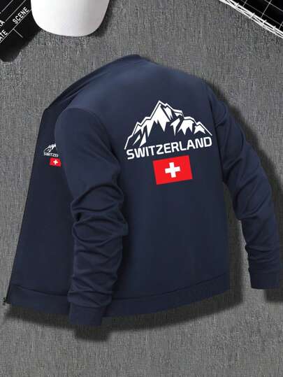 Manfinity Homme Men's Letter & Swiss Flag Printed Zip Up Long Sleeve Jacket And Coats Zip Ups Zip Up Men Graphic Sweat Shirts For Men Men S Sweatshirts Sweatshirt For Men