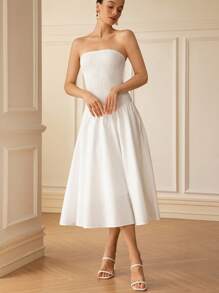 GENKIRA Women's White Summer Elegant Vacation Long Dress, Old Money Style Solid Color Sleeveless Cinched Waist Flare Hem, European American Fashion Chic Dress - White - View 3