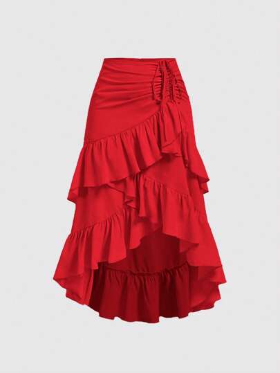 SHEIN MOD Women's Creamy Red Summer Skirt With High-Low Hem ,Drawstring Ruffled Layered,Party Skirt,Boho Skirt,Lunch Skirt,Red Chiffon Ruffle Maxi Skirt, Wedding Guest Party Skirt, High Waist A-Line Flowy Skirt, Elegant Romantic Holiday Skirt, Layered Ruched Skirt, Boho Evening Wear, Date Night, Cocktail, Vacation