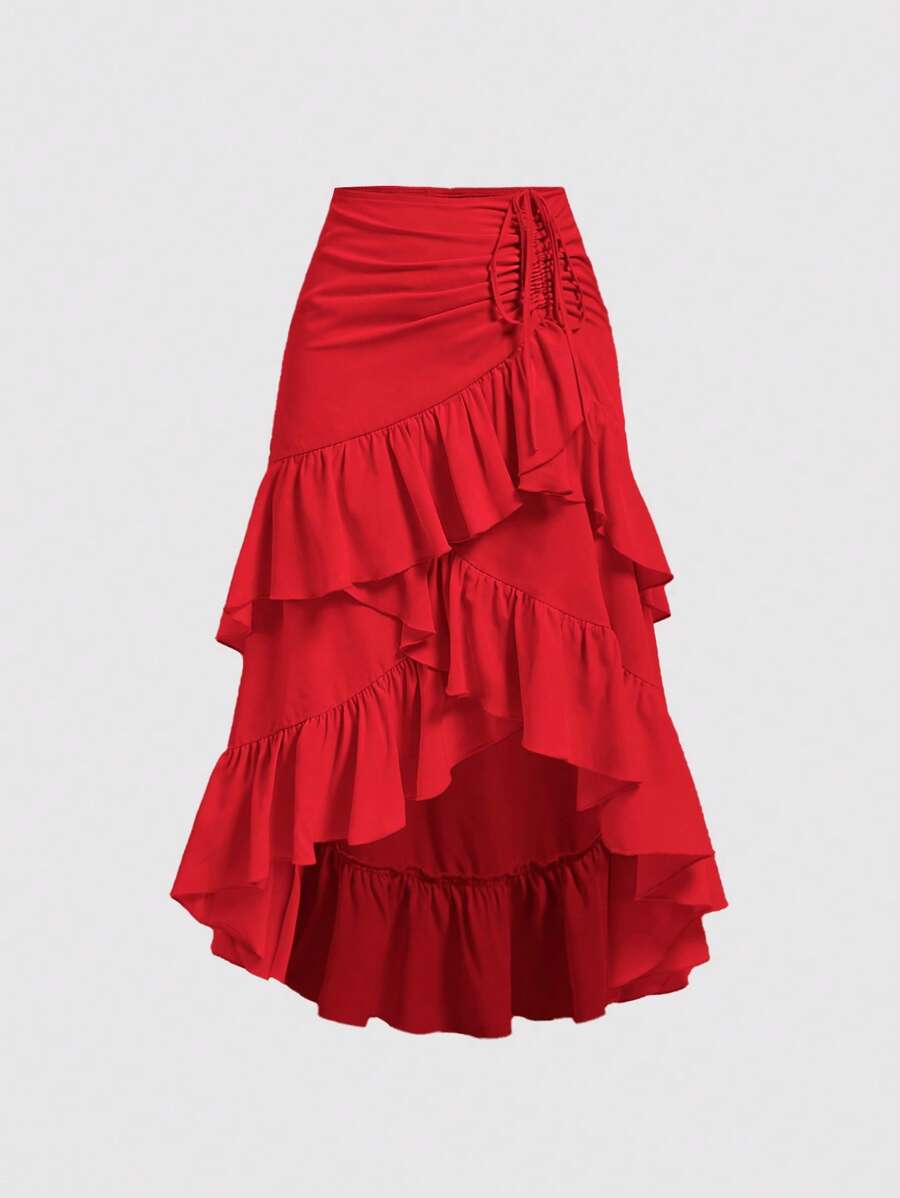SHEIN MOD Women's Creamy Red Summer Skirt With High-Low Hem ,Drawstring Ruffled Layered,Party Skirt,Boho Skirt,Lunch Skirt,Red Chiffon Ruffle Maxi Skirt, Wedding Guest Party Skirt, High Waist A-Line Flowy Skirt, Elegant Romantic Holiday Skirt, Layered Ruched Skirt, Boho Evening Wear, Date Night, Cocktail, Vacation - Red - View 1