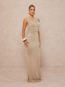 Lumalex فستان بياقة قارب مطوي وبنمط ضفيرة مطاطية