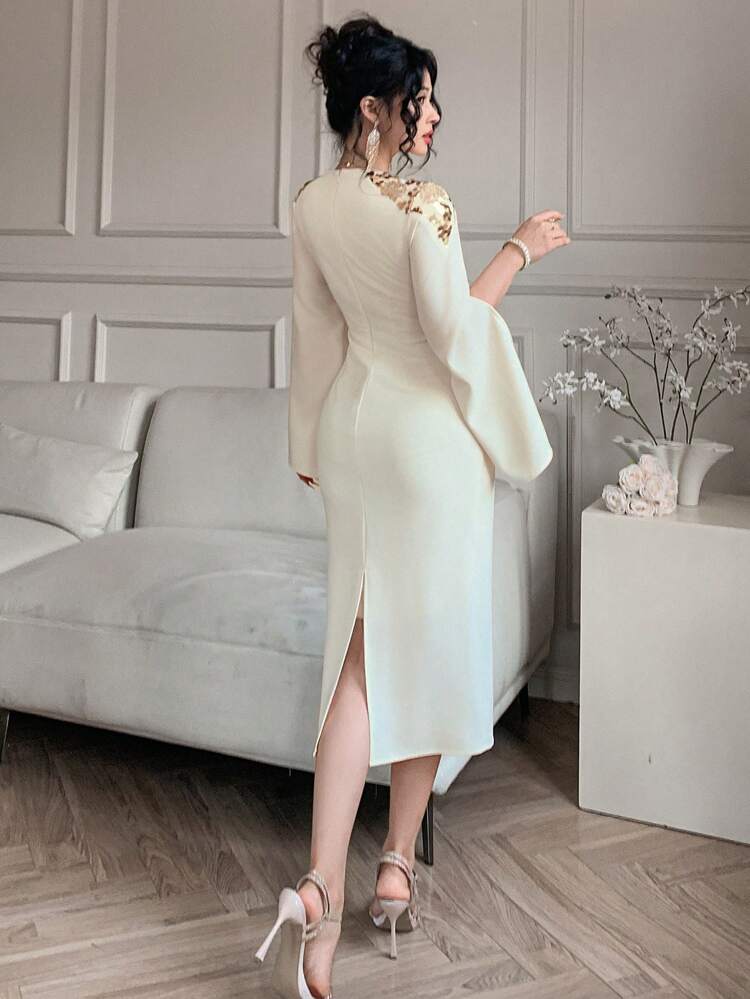 Elegant Sequin & Bead Decorated 2-In-1 Cloak Dress, Fitted Women's Evening Gown For Wedding, Banquet,Fall Dress Long Sleeve Dress Carnival