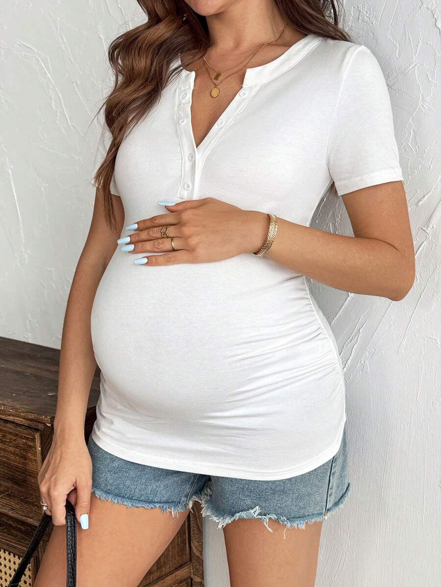 SHEIN 孕妇休闲纯色修身短袖T恤夏季 - 白色 - 查看 1