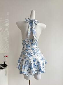 Flirla Women's Elegant Ditsy Floral V-Neck Sleeveless Mini Dress, Summer Beach Vacation Style - Blue and White - View 2