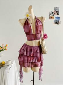 Soleia 女士复古扎染印花深 V 吊带露背蝴蝶结吊带上衣和多层荷叶边下摆迷你裙套装，适合派对、性感约会、下午茶、街头、城市度假、音乐节、海滩 - 彩色 - 查看 1