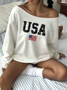 SHEIN 青少年女孩露肩美国国旗和字母印花宽松休闲长袖运动衫母子套装（2 件单独出售） - 白色 - 查看 5