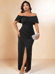 Allurite Ladies Solid Color Off Shoulder Slit Plus Size Dress Maxi Women Outfit Wedding - Black - View 1