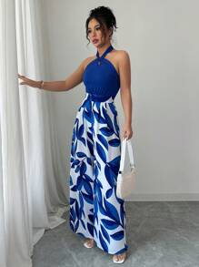 Breezaya 露肩系腰无袖印花连体裤，时尚海滩度假风 - 寶藍色 - 查看 3