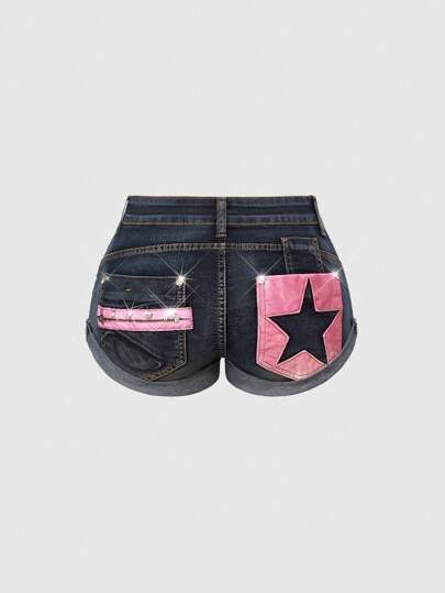 J-Fashion Y2K Distressed Washed Low Waist Denim Shorts With Star Embroidery