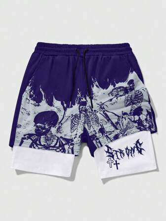 Goth Men's Dragon Print 2 In 1 Sports Basketball Shorts, Spring/Summer