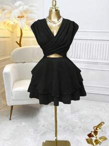 Franclia Breezaya 女式交叉镂空荷叶边下摆度假沙滩裙演唱会服装针织高弹力荷叶边时尚设计黑色性感浪漫优雅晚会约会节日派对春夏新款短裙 - 黑色 - 查看 6