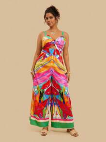 Travachic 加大码女式热带植物印花宽松细肩带镂空连体衣，休闲波西米亚风格夏季服装，南海滩服装，圣托里尼服装，泳池派对服装，椰子女孩女士夏季服装，海滩度假服装，城市休闲服装，假日服装，女士西部服装，女士西部服装，加大码欧洲夏季海岛度假服装，蜜月服装，女士老钱女士夏季服装，女士生日服装，女士夏季服装，女士连体裤