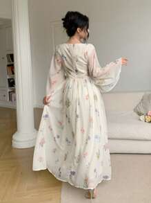 Feyla 女式优雅花卉印花喇叭袖连衣裙 - 白色 - 查看 3