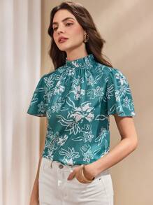 Chiquease Camisa casual de mujer con cuello mao, mangas abullonadas y estampado floral