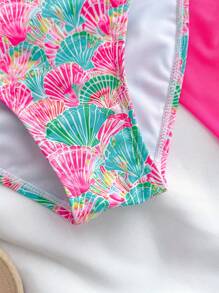 SHEIN 少女三件套粉色贝壳印花泳衣背心 INI 套装度假海滩风格 - 粉色 - 查看 6
