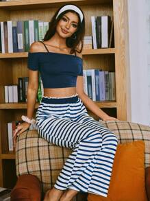 Minimalist Casual Ins Style Spaghetti Strap One Shoulder Striped Women Pajama Set Holiday Season - Blue and White - View 5