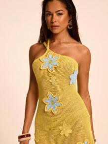 SHEIN BAE Women's Asymmetrical Neck Sleeveless Floral Patchwork Knitted Sexy Dress - Multicolor - View 6