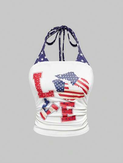 ROMWE Avant Vintage Americana Style Cropped Sleeveless Top With Shell, American Flag And Lipstick Print, Ruffled Hem