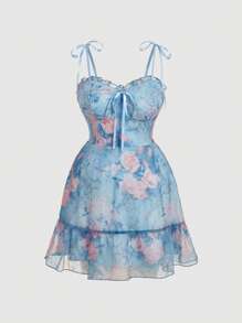 SHEIN MOD Plus Size Romantic Floral French Style Dress, Party/Evening Gown,Birthday Dresses For Women,Corset Dress For Women.Dreamy Blue Floral Ruffled Mesh Short Dress For Women Sweetheart Neck Tie Bow Details Layered Skirt Design,Spring/Summer Outfits, Valentine's Day Outfits - Blue - View 7