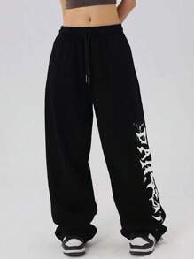 INAWLY Plus Size Casual Letter Print Drawstring Waist Sweatpants Graduation,Back To School,Graduation,Teacher,Back To School Fall - Black and White - View 3