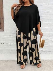 EMERY ROSE Plus Size Solid Color Round Neck Short Sleeve Top And All Over Print Pants Set - Multicolor - View 6