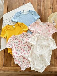 SHEIN LMoss Kids 5件套新生女宝宝夏季可爱针织碎花波点卡通印花短袖连体衣套装 - 彩色 - 查看 2