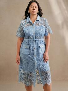 Anewsta 大码女式花卉蕾丝边优雅中长短袖连衣裙，时尚，适合春夏季服装 - 藍色 - 查看 4