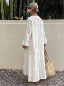 Livesso Summer New Loose Casual Linen Style Women Beach Dress - White - View 7