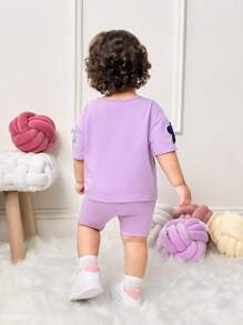 SHEIN 2pcs/Set Baby Girl Floral Print Round Neck Short Sleeve T-Shirt And Shorts Set - Mauve Purple - View 2