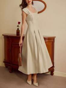 Vintamour 复古优雅女式宽肩带荷叶边连衣裙，修身，春夏婚礼宾客礼服，女士夏季连衣裙，节日服装，毕业礼服，度假服装，女士节日服装，女士商务休闲服装，女士教师服装 - 米色 - 查看 5