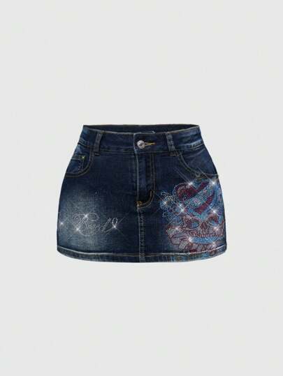 J-Fashion Vintage Y2K Indie Tattoo Skull Rose Heart Studded Lady's Denim Mini Skirt