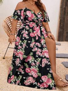 SHEIN VCAY 大码浪漫花卉印花裹领长裙