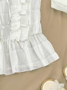 SHEIN 法式甜美夏日设计时尚无袖荷叶边衬衫 - 白色 - 查看 4