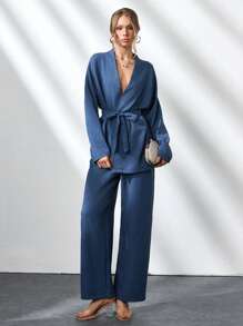 CLARA VERO Two Pieces With Belt Details, Cozy Sets, Easy To Wear At Home And Outdoor - Navy Blue - View 5