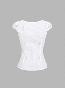 EgrlEra 新款中国风镂空性感白色短袖上衣，收腰修身女式衬衫 - 白色 - 查看 2