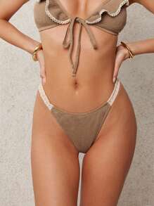 L'Amorae Elegant Vacation Textured Crochet Side Trim Detail Bikini Bottom For Summer - Khaki - View 1