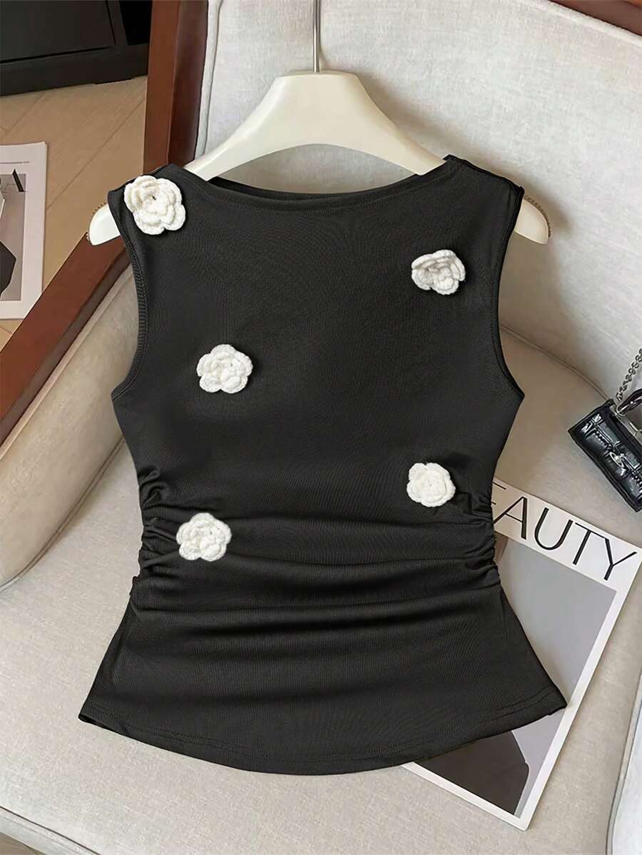 Flirla Plus Size Floral Print Pleat Detail Crew Neck Elegant Summer Tank Top - Apricot - View 1