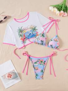 Swim Mod 3pcs/Set Women Floral Print Round Neck Sexy Bikini Swimsuit Set, Summer Beach Holiday - Multicolor - View 1