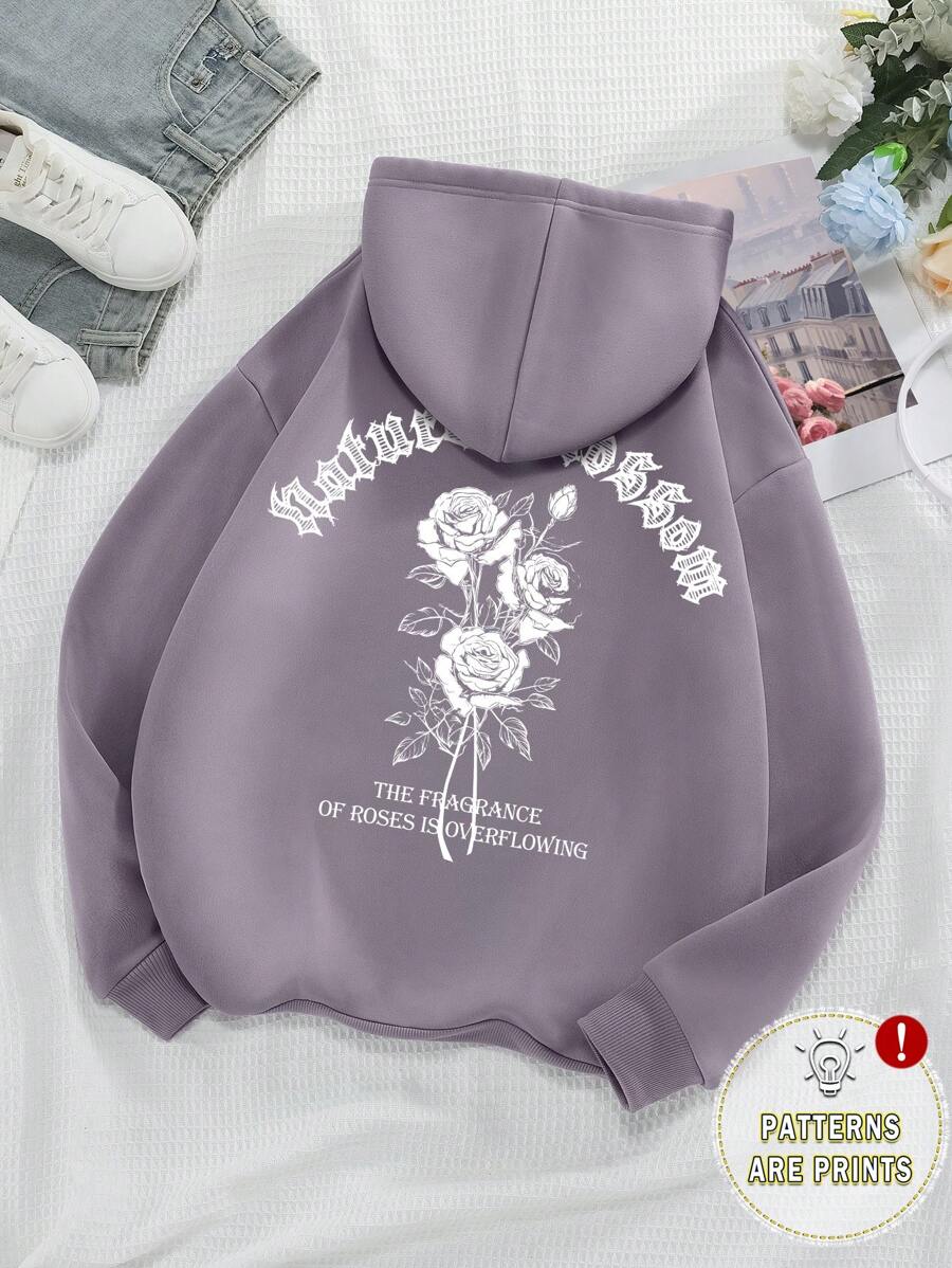 INAWLY Floral & Slogan Graphic Drawstring Thermal Lined Hoodie THE FRAGRANCE OF ROSES IS OVERFLOWING,Ladies Spring/Fall Casual Drawstring,Pocket Long Sleeve Hooded Loose Regular Mauve Purple Drop Shoulder Pullovers Women Hoodies,Long Sleeve Tops Graduation,Back To School Outfits,Graduation,Teacher Outfits For Women,Back To School - Mauve Purple - View 1