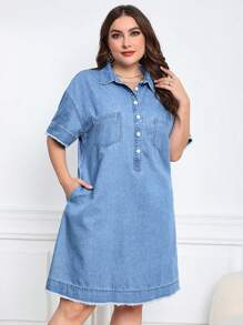EMERY ROSE Plus Half Button Raw Hem Denim Dress - Medium Wash - View 3