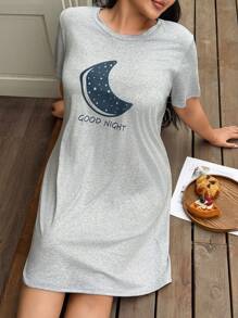SHEIN Minimalist Casual Moon Print Plus Size Short Sleeve Sleep Dress - Grey - View 4